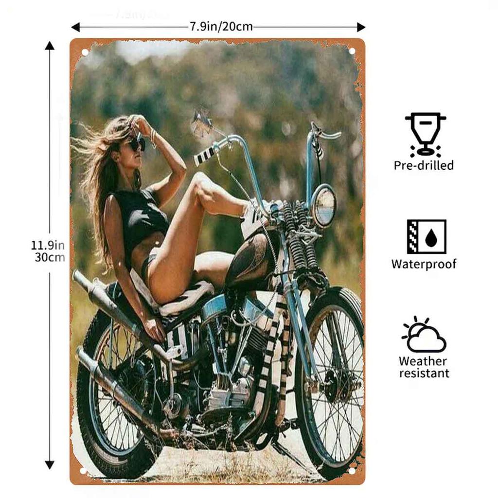 Sporty Girl in Gear Leaning on Her Bike Vintage Metal Wall Sign Decor