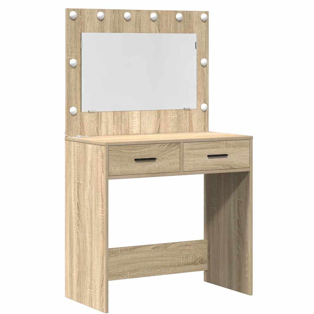 Makeup Table with Mirror Lighting 3 pcs Brown Particleboard