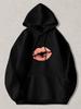 Black Pullover Hoodie with Pink Lip Print, Casual Long Sleeve Sweatshirt with Kangaroo Pocket and Drawstring Hood, Unisex Streetwe