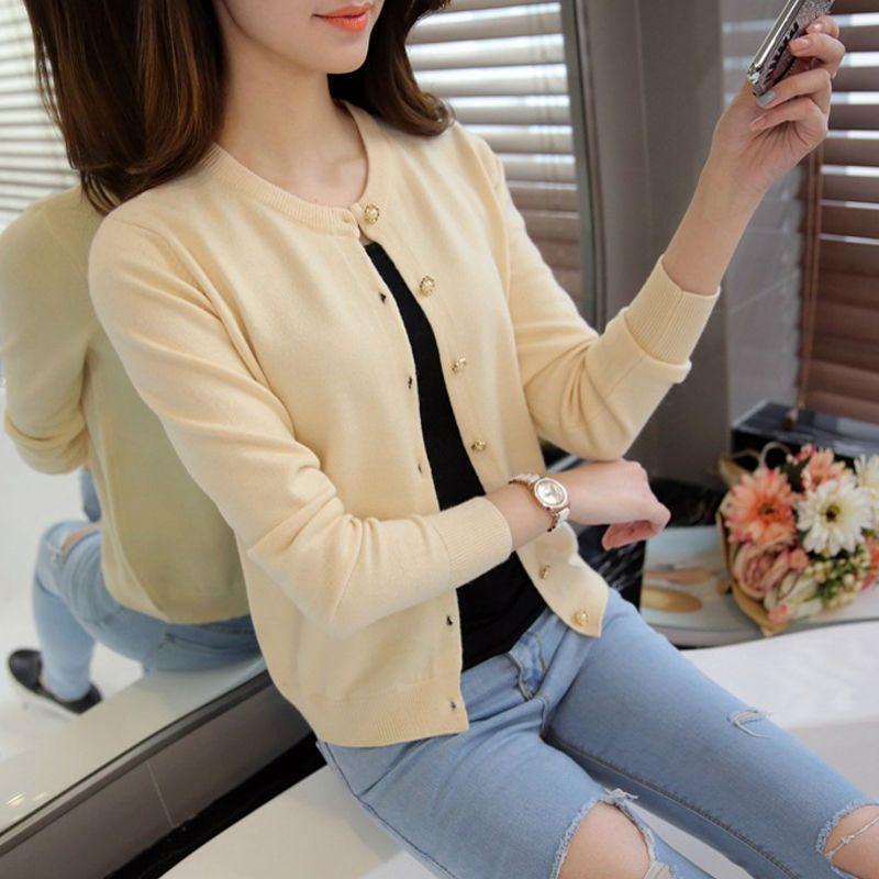 

Женский облегающий вязаный кардиган с круглым вырезом — легкий однотонный свитер для весны и осени One Size абрикосовый