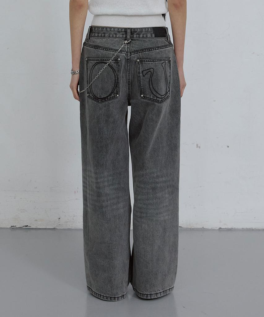 Uusoo Damaged Wide-Leg Denim Jeans_ Washed Gray