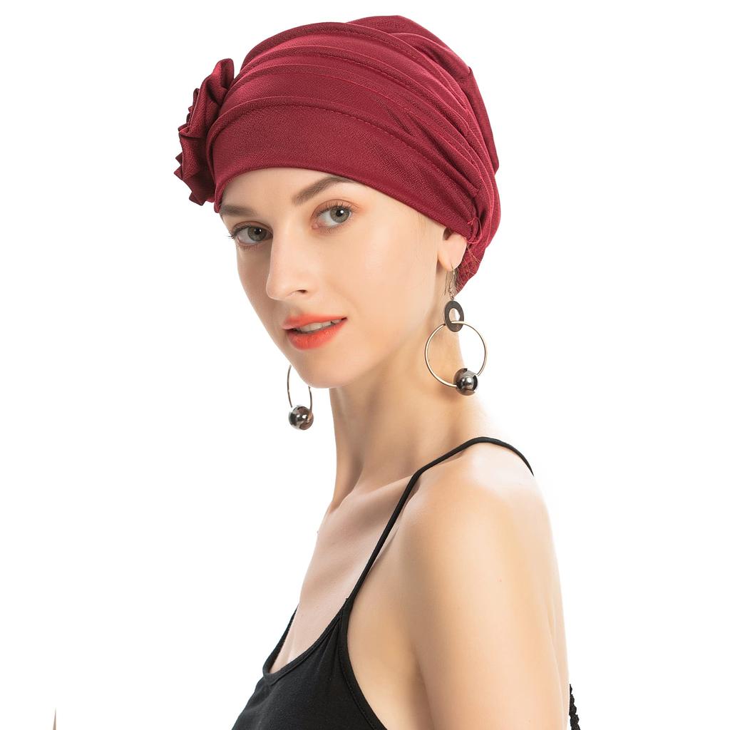 Muslim Fashion Solid Color Women Hijab Turban Beanie Hat Wth Flower Chemo Headwear Elastic Head Wrap Cap