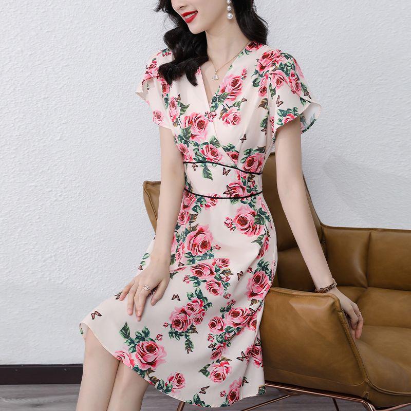 Retro Color Large Hem High Waist Slimming A- line Skirt Short Sleeve