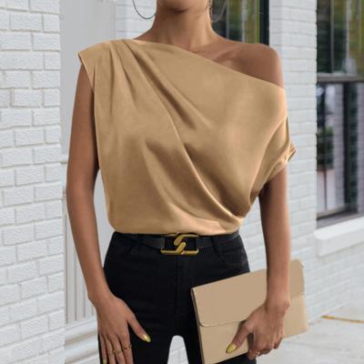 Women Casual Shirt Irregular Off-Shoulder Boat Collar Top Sleeveless Simulated Silk Blouse Smooth Satin Dating Tops
