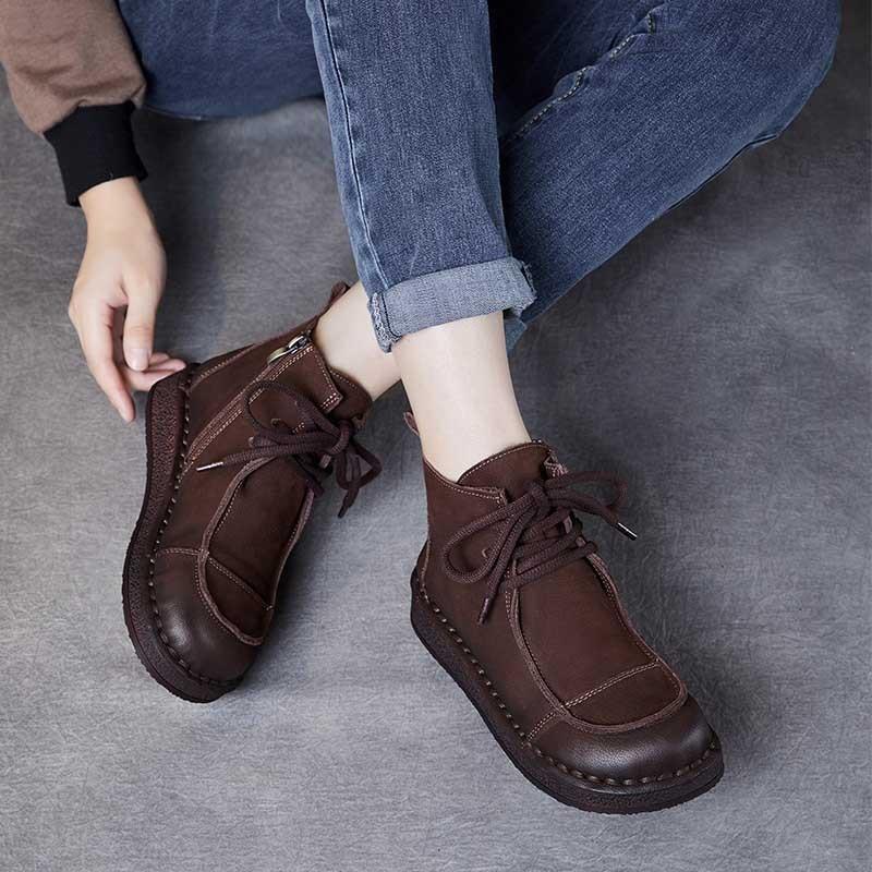 Johnature Genuine Leather Soft Soled Retro Women's Shoes Versatile Round Toe Lace Up Flat Ankle Boots