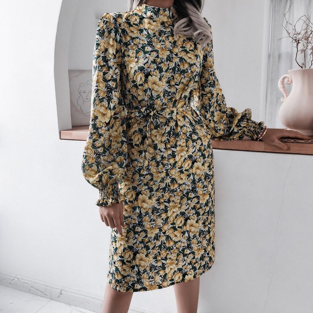 Autumn and Winter Floral Lantern Long-sleeved Chiffon Dress