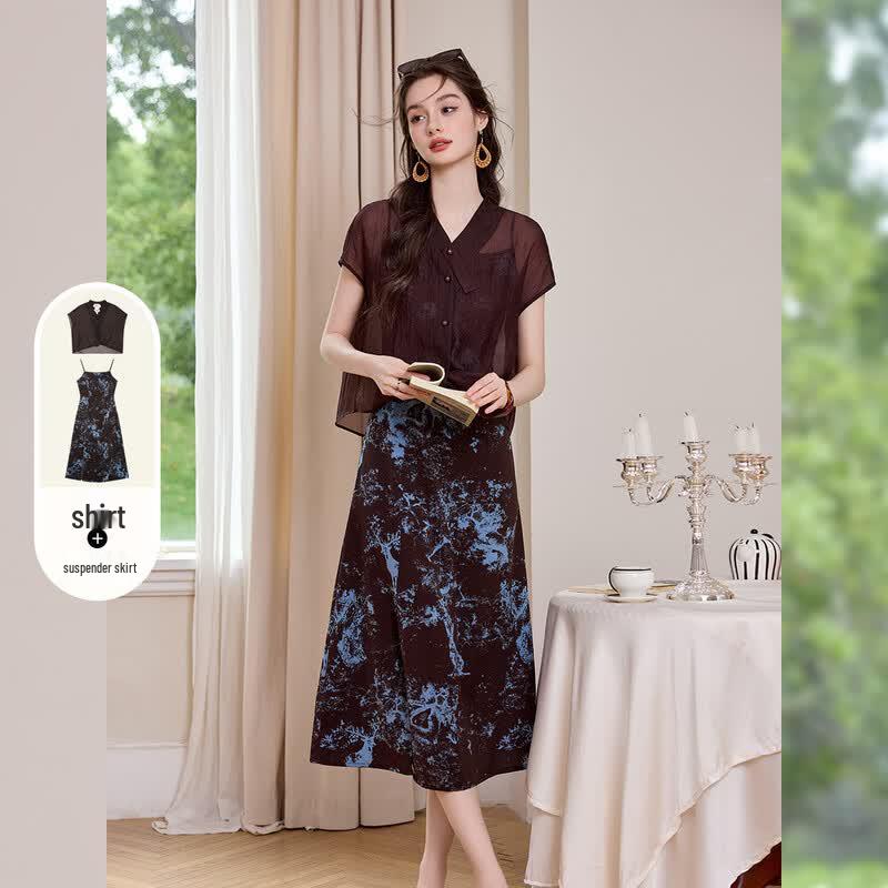 French Style Two-Piece Shirt & Slip Dress Set L