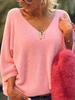 Women's V-Neck Oversized Knitted Sweater - Early Autumn, Casual Style
