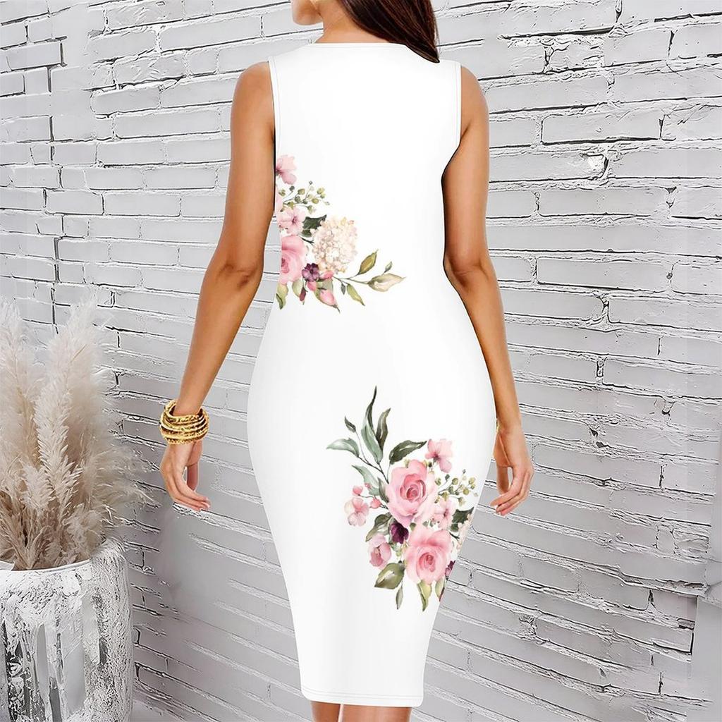 Women Plus Size Sleeveless Round Neck Midi Bodycon Dress Gradient Cherry Blossom Glitter Print Slim Fit Dress