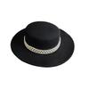French Elegant Wool Felt Wide Brim Hat for Women, White Pearl Decorated Winter Fall Fashion Streetwear Hat