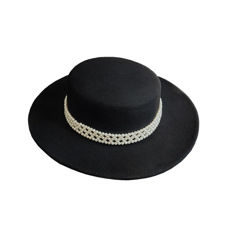 French Elegant Wool Felt Wide Brim Hat for Women, White Pearl Decorated Winter Fall Fashion Streetwear Hat