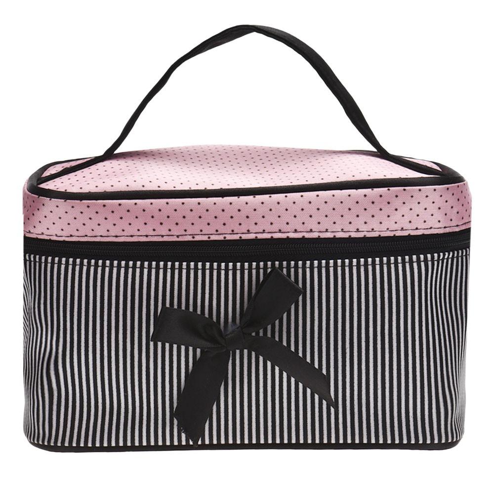 

Cute Portable Cosmetic Bag Bow Stripe Wash Organizer Make Up Bags Handbag Women Girl розовый