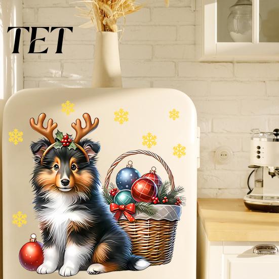 Waterproof Refrigerator Stickers Christmas Cute Puppy Wall Stickers, PVC Decals, Peel And Stick Animal Holiday Dog Decals Art Decor for Home