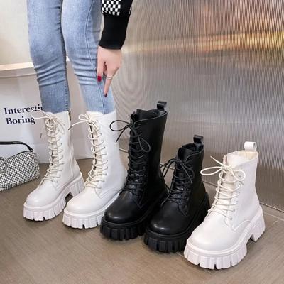 2024Women's Boots Fashion Mid Calf Boot PU Leather Casual Boots Non-Slip Platform Boots for Women Lace Up Ankle Boot Botas Mujer