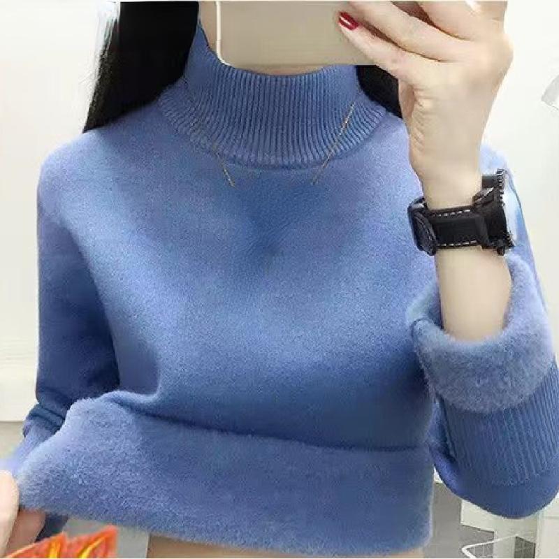 Pulover cald coreean Pulover Femei Iarna Subțire Îngroșare Pluș Căptușit din catifea Tricoturi Jumper Jumătate Gât țesut Poleras Topuri din tricot moale
