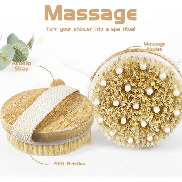 Bamboo Dry Body Brush Shower Brushing Removes Dry Skin with Massage Nodes Exfoliating Bath Brushes Body Scrubber