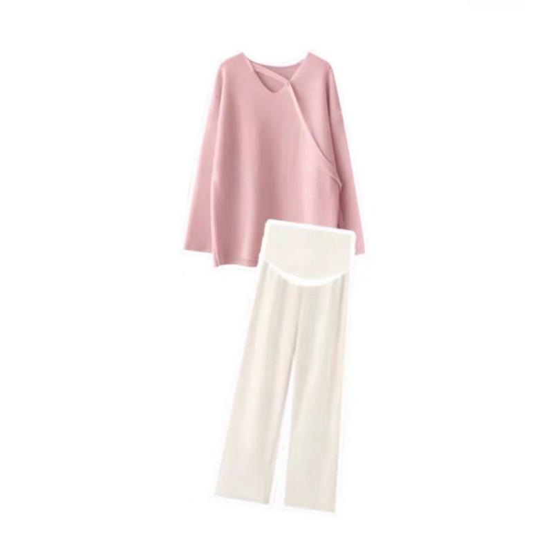Chic Pink Knit Two-Piece Maternity Set - Sweater & Pants for Autumn/Winter