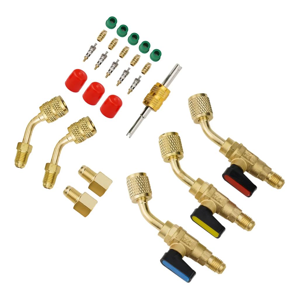 R410A R134A R22 AC HVAC Angle Compact Ball Valve Kit, Strong Earth Copper Construction, 45 Degree Angle Design