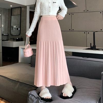 Knitted Skirt Women's Long Skirt Autumn and Winter Korean Version High-waisted A-line Skirt Slimming Large Pleated Skirt