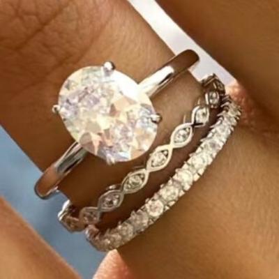 Luxury European and American Jewelry, Dazzling Sparkling Diamond Egg-shaped 3-piece Ring, Luxury Full Diamond Temperament Ring.