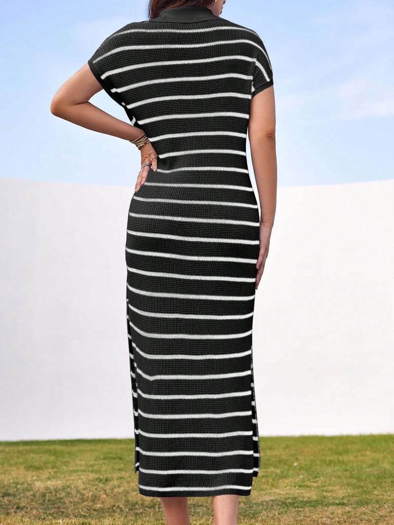 Women's Striped Knit Maxi Dress V Neck Collar Short Sleeve High Slit Beach Dress Plus Size