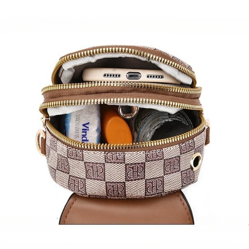 Women Mini Crossbody Phone Bag Flap Vintage Monogram PU Leather Double Zip Small Shoulder Bag with Adjustable Strap High Quality