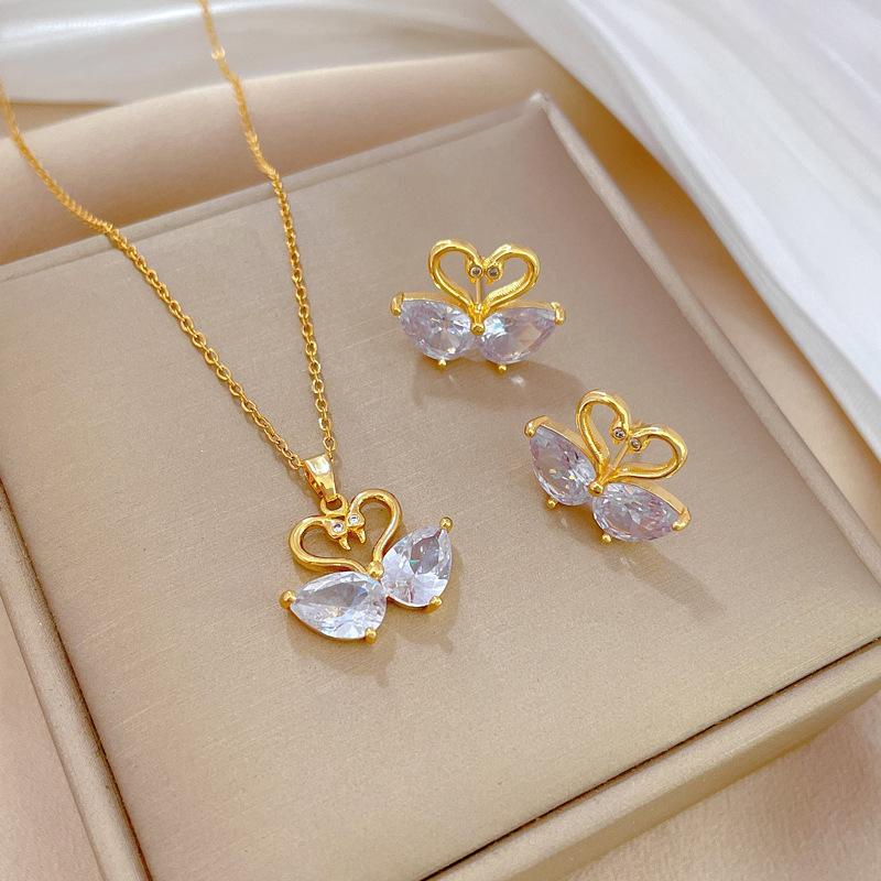 Mandarin Duck Water Necklace Earrings Set Light Luxury Slightly Inlaid Personalized Temperament Banquet Earrings Necklace Combination