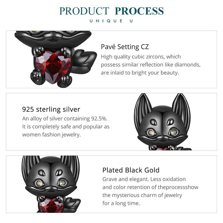 Bamoer 925 Sterlingsølv Svart Rev Perle Rødt Hjerte Zirkon Søte Dyreberlokker Svart Gullbelagt for Kvinner DIY Armbånd & Armring