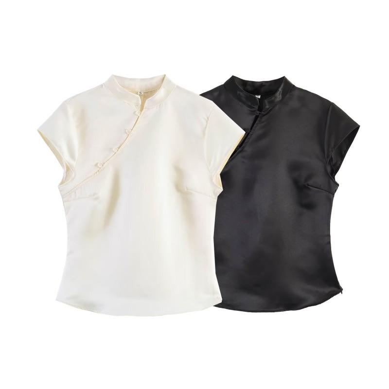 2026 Womens Street Style Satin Top Side Buttons Short Sleeve Stand Collar T Shirt XS-L