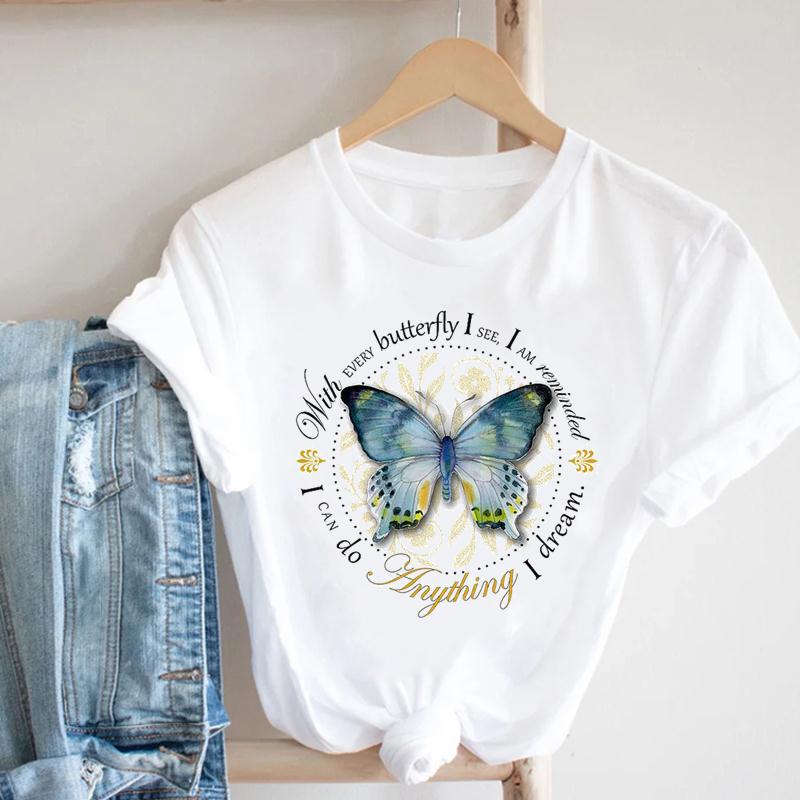 T-shirt Top Imprimé Libellule Fleur pour Femme Vêtement Mode d'Été T-shirt Décontracté Manches Courtes pour Dame Femme T-shirt Graphique