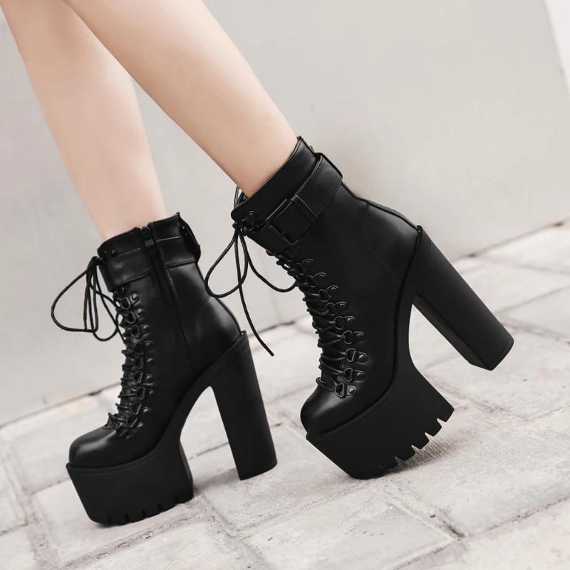Fashion Women's Platform Chunky High Heel Ankle Boots Black Buckle Strap Lace Up Side Zipper Motorcycle Boots Punk Style Shoes