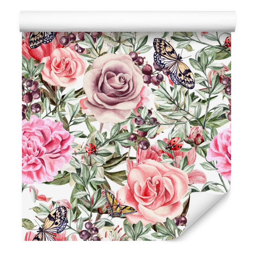 Wallpaper Colorful Roses, Peonies and Watercolor for Living Room and Bedroom 50x1000