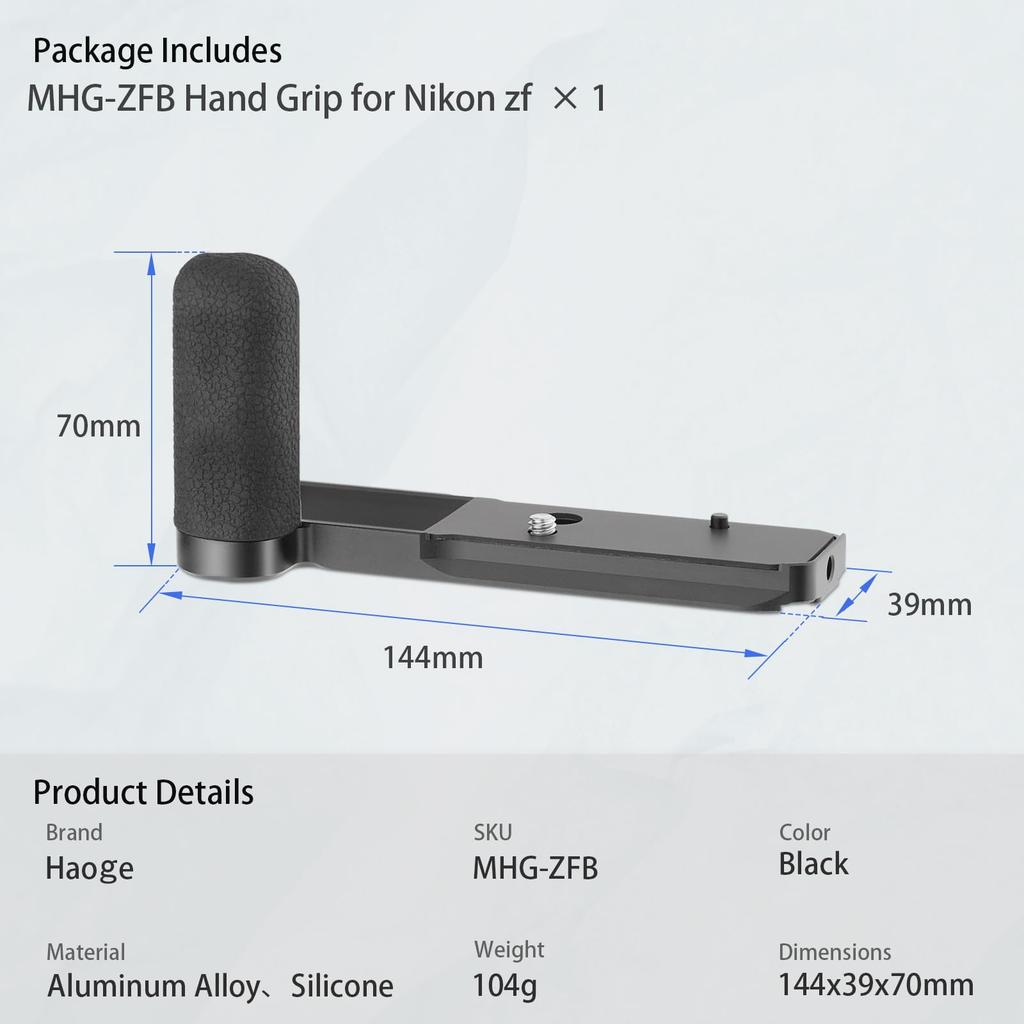 Haoge MHG-ZFB L-Shaped Handle Grip for Nikon Zf Camera Ergonomic Silicone Side Arca-Swiss Plate Foregrip Black CNC Machined