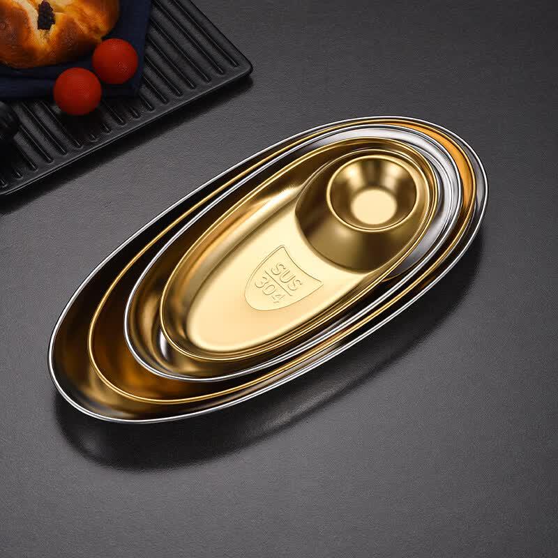 304 Stainless Steel Oval Dumpling & Snack Plate with Sauce Holder
