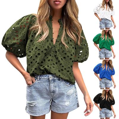 Women Shirt V-Neck Fit Tops Solid Sleeve Tee Shirt Lantern Short Color Loose Embroidery Hollow