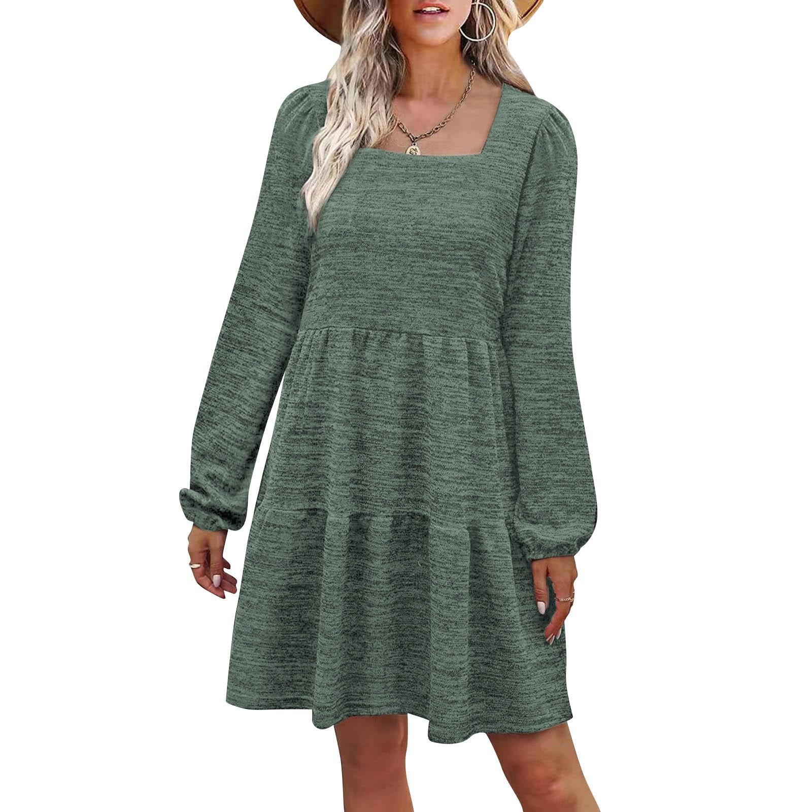 

Women s Square Neck Color Fleece Long Sleeve Piece Dress L