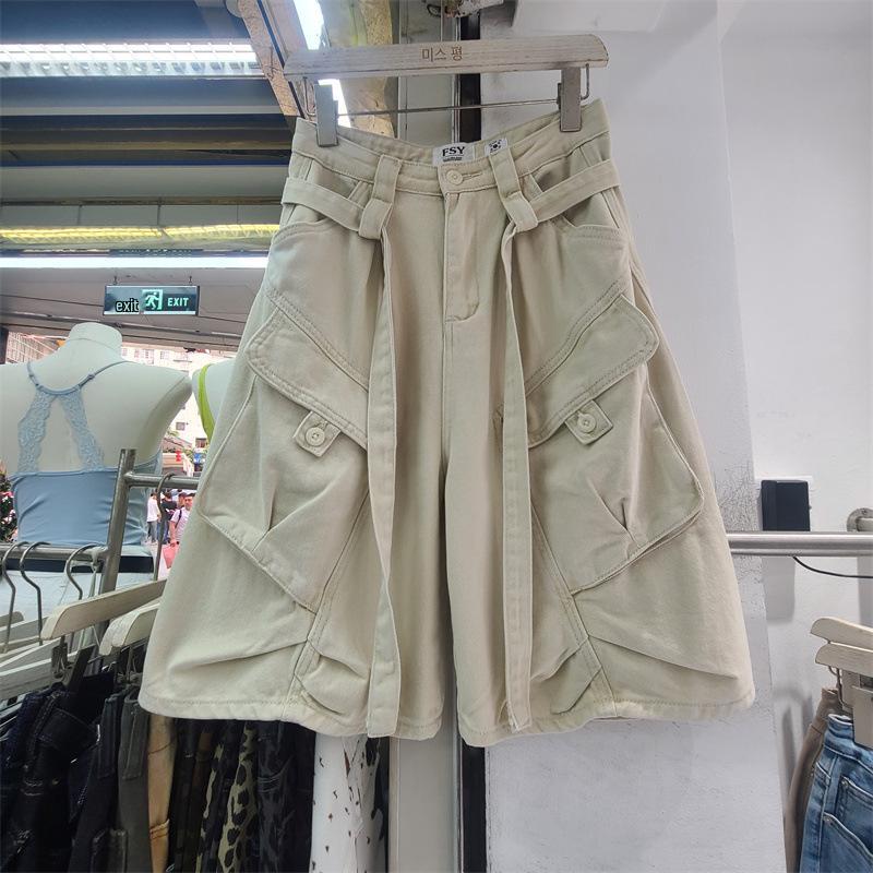 Women s Retro Workwear Style High-Waist Washed Denim Tie-Up Capris - Multi-Pocket Slimming Design. S