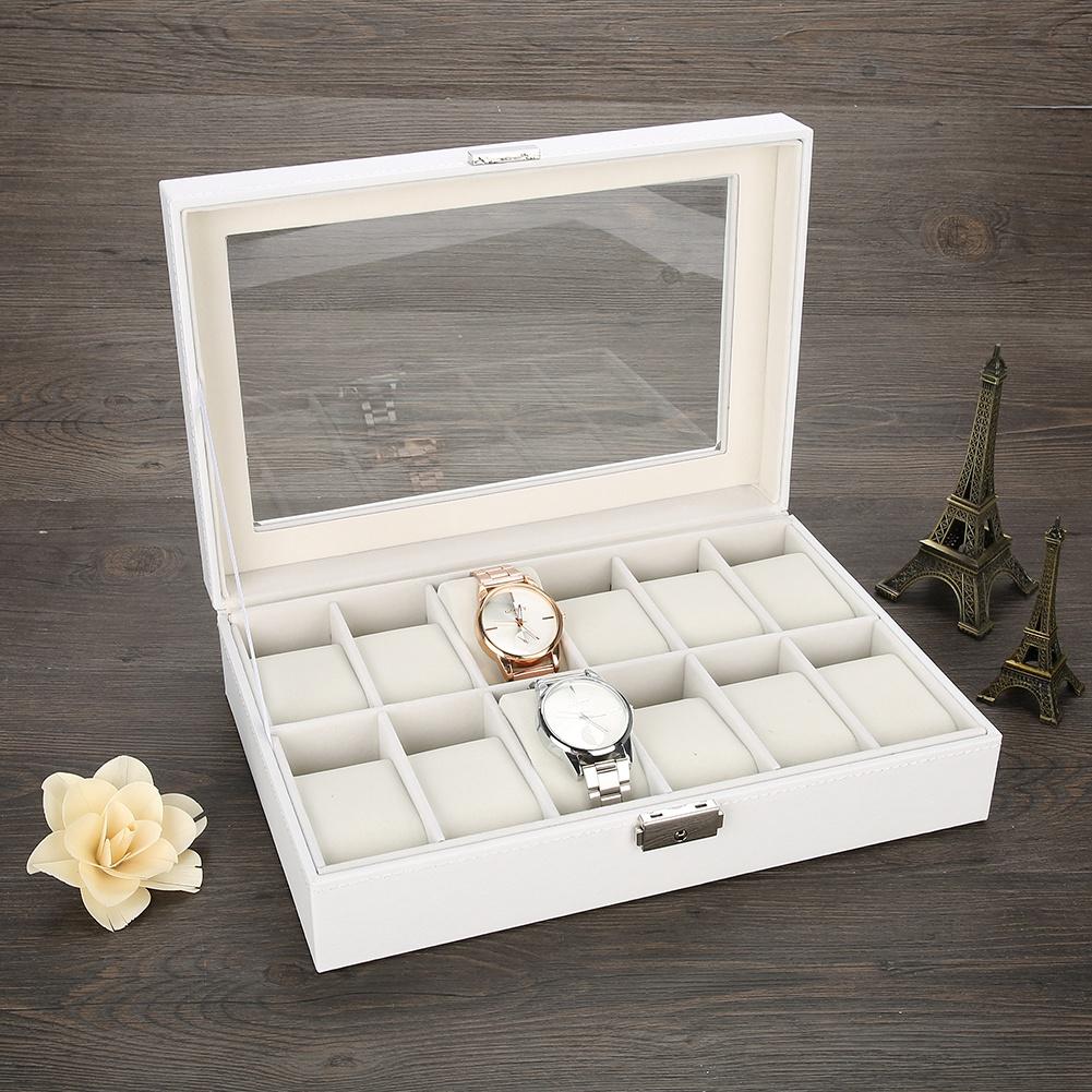 Držák na hodinky Vitrína na náramkové hodinky Šperkovnice 12 přihrádek PU kůže Bílá