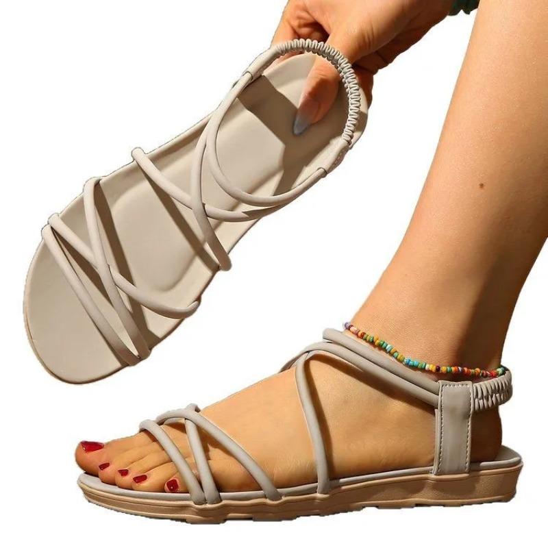 Fashion Womens Shoes 2025 Large Size Cross Cross-Shoes Flat Sandals Summer Heels Suit Female Beige Luxury New Big Without Girls