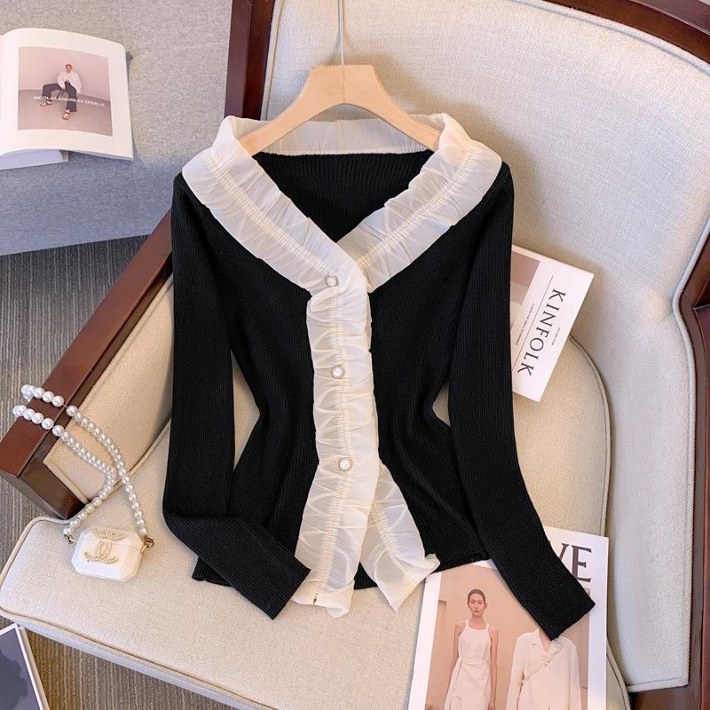 #Autumn and winter new slim-fit age-reducing splicing cardigan breasted long-sleeved knitted sweater women