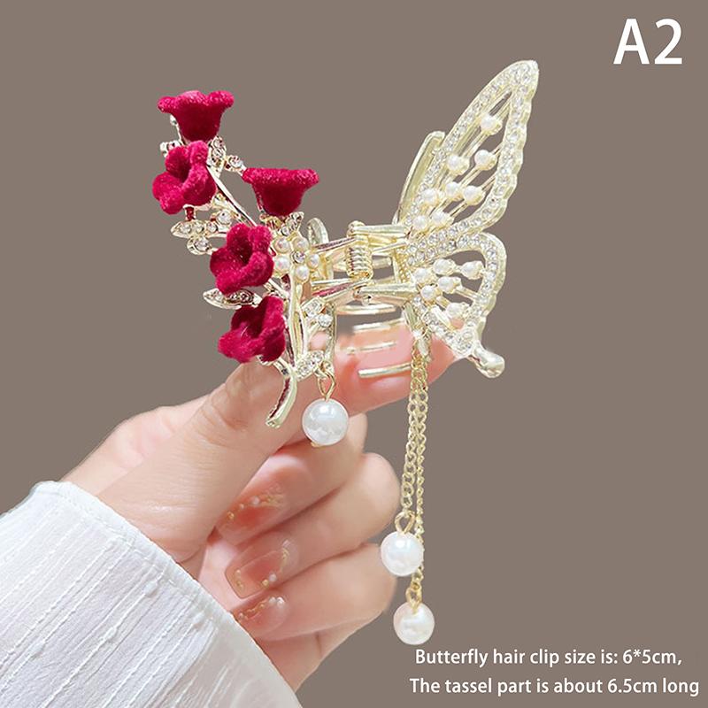 

Заколка для волос с кисточкой в виде бабочки и жемчуга, красная заколка для волос на фестиваль цветов для девочек, заколки-крабы для хвостика, женские аксессуары, подарки