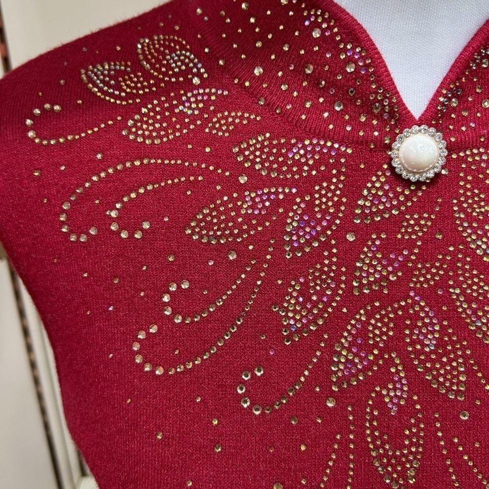 Winter Damen Fleece Pullover Dick Grobstrick Pullover Halber Rollkragen Strass Beflockt Übergröße Pullover