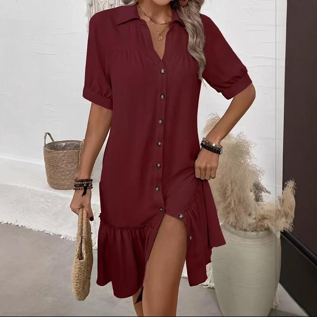 

Women s Short Sleeve Shirt Collar Button Down Dress with Ruffle Hem and Side Slit 3XL темно-красного