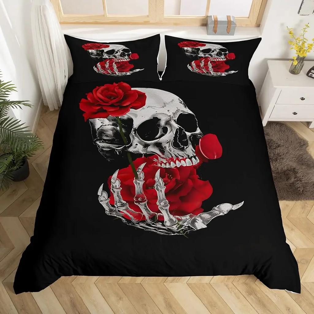 Floral Comforter Cover No Filling Black Skeleton Bedding Set Antique Victorian Baroque Skull Duvet Cover Gothic Vintage