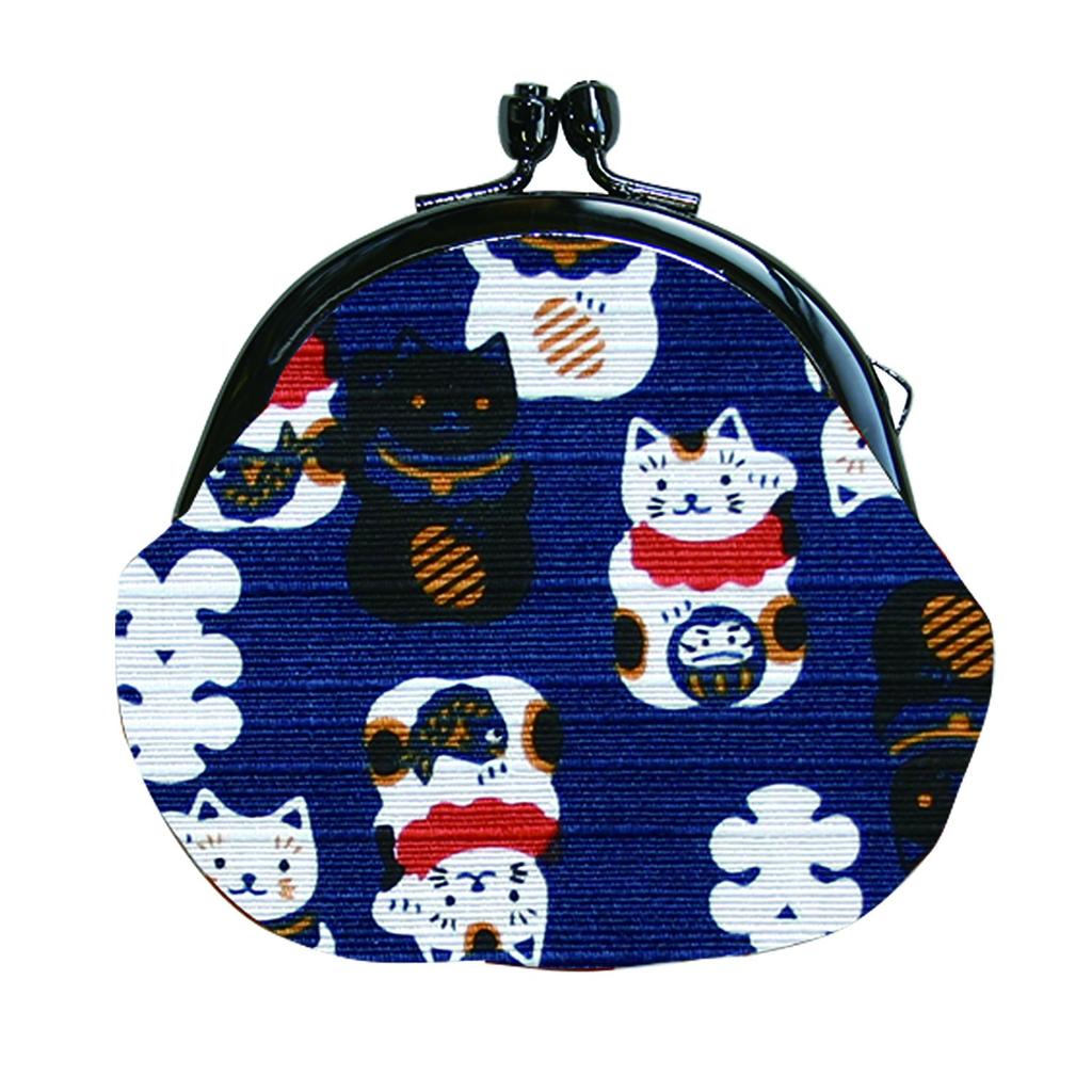 Wafubiyori Fun Japanese Pattern Round Coin Size Navy 112681 Maneki-neko Purse, 2.5, Blue,