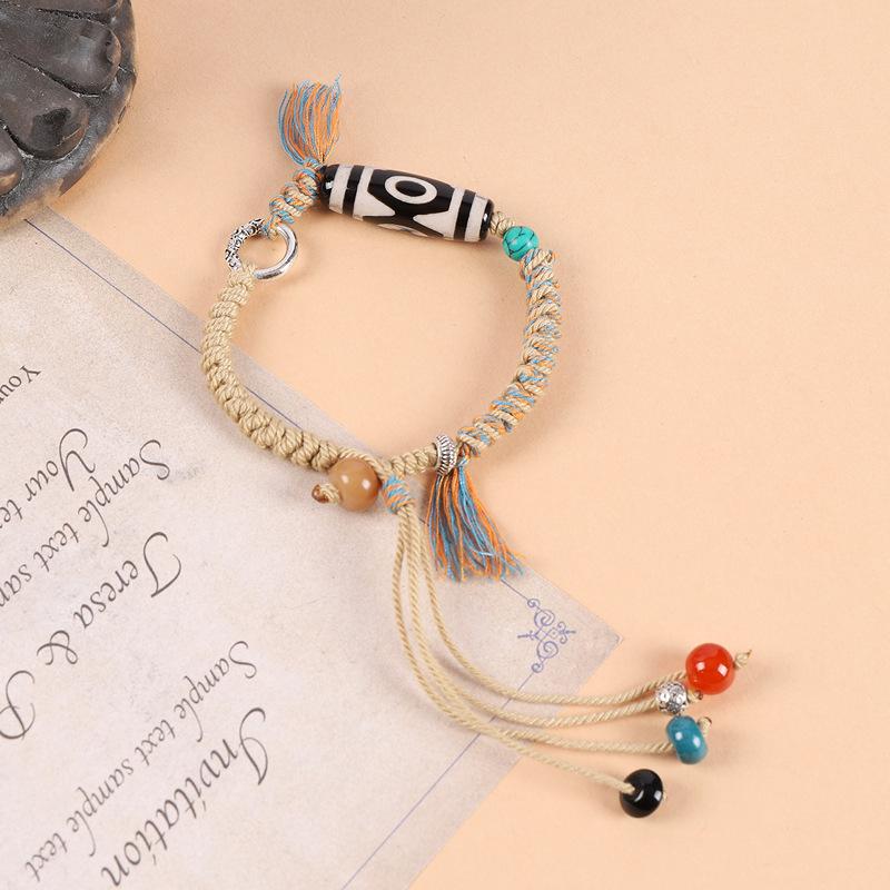 Original Design Retro Tibetan Nine-eye Dzi Bead Bracelet, Men's and Women's Hand Rubbing Rope, Woven Fringed Wenwan Hand Rope