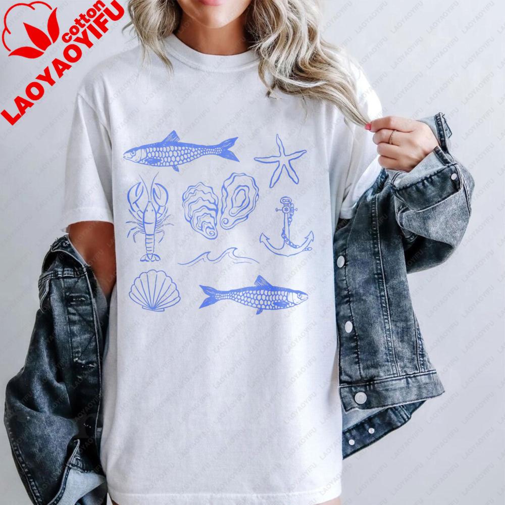 Sea Life Pattern Vintage Graphic Printed Tshirt Oneck Cotton Short Sleeve Unisex Casual Fashion Summer Tshirt Daily Life Tops