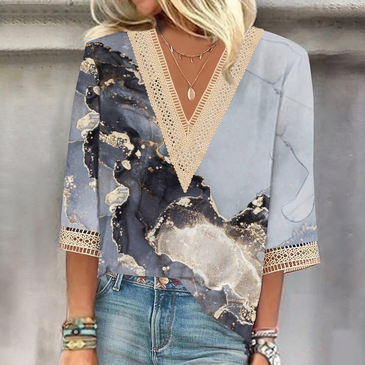 

Осень 2023, новая мода, женский повседневный топ с v-образным вырезом и рукавом 3/4 с принтом, большие размеры