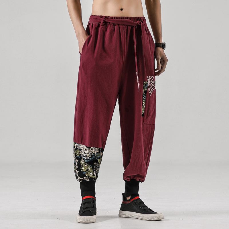 Spring/Summer 2026 Retro Chinese Style Men's Embroidered Cotton Linen Slim Pants