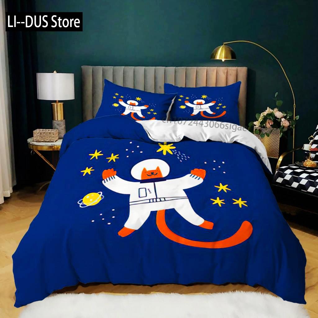 Cartoon Animal Duvet Cover Microfiber Pig Astronaut Red Balloon Pattern Bedding Set Space Universe Animal Theme King Quilt Cover